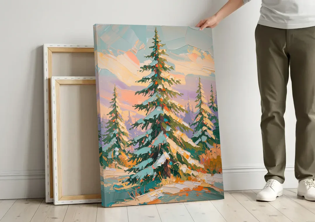 Golden Light on a Snowy Forest Fir for the Living Room canvas wall art leaning against a wall next to blank canvases