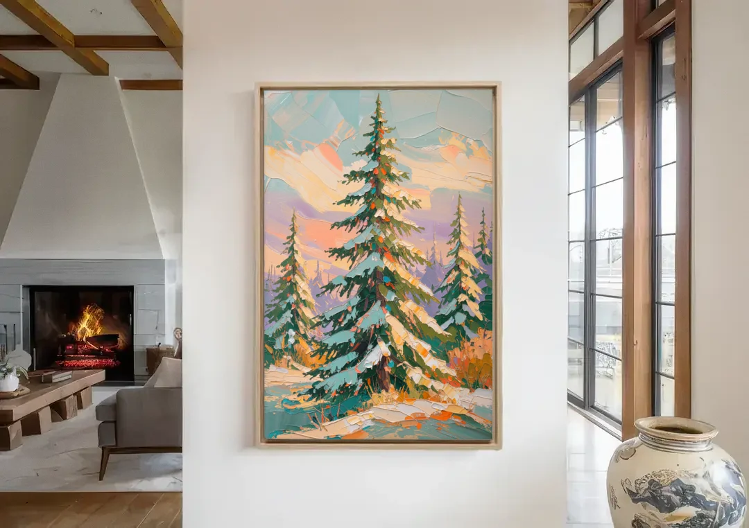 Golden Light on a Snowy Forest Fir for the Living Room canvas wall art in a living room with a fireplace