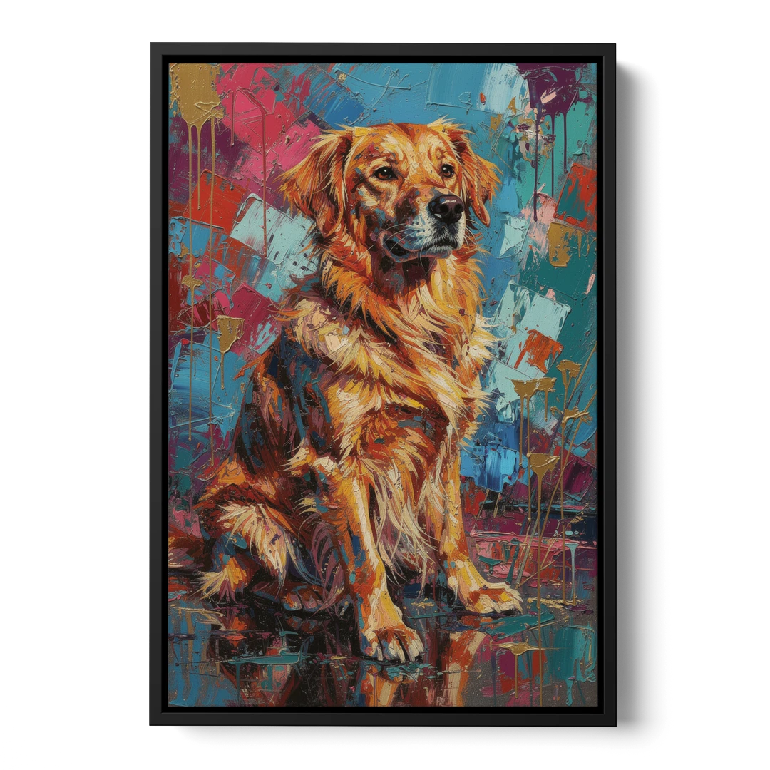 Golden Retriever in Magenta and Teal - Black Framed Canvas Wall Art - Front