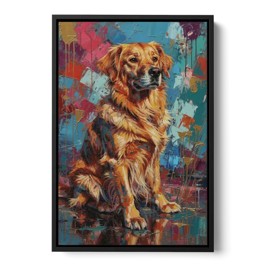Golden Retriever in Magenta and Teal - Black Framed Canvas Wall Art - Front