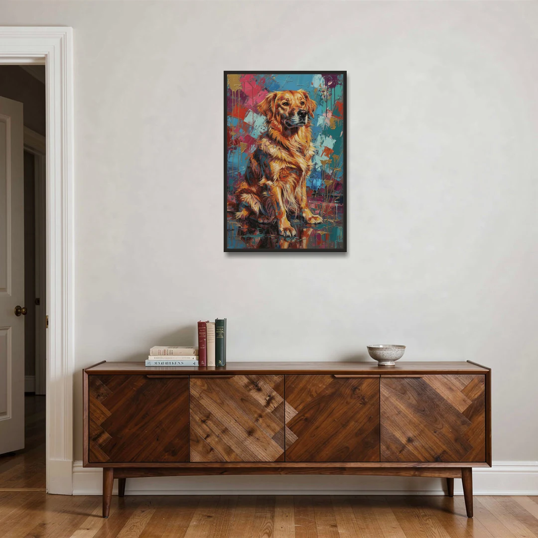 Golden Retriever in Magenta and Teal - Black Framed Canvas Wall Art - Coffee Table - 24x36