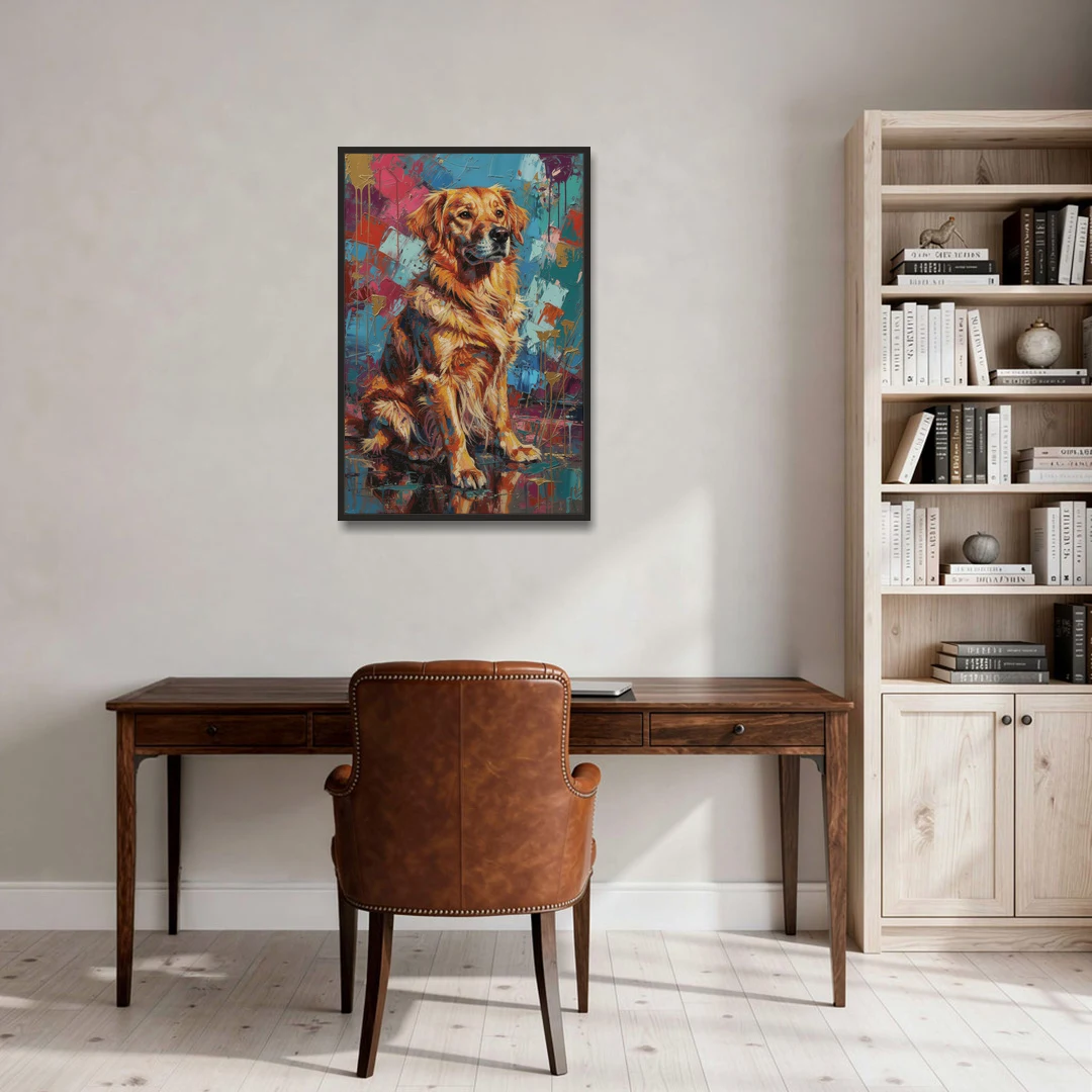 Golden Retriever in Magenta and Teal - Black Framed Canvas Wall Art - Office - 24x36
