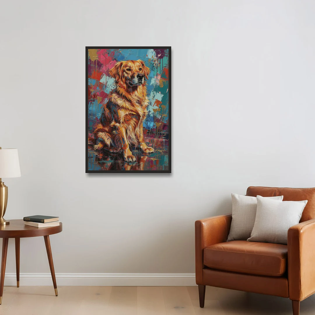 Golden Retriever in Magenta and Teal - Black Framed Canvas Wall Art - Sofa - 24x36