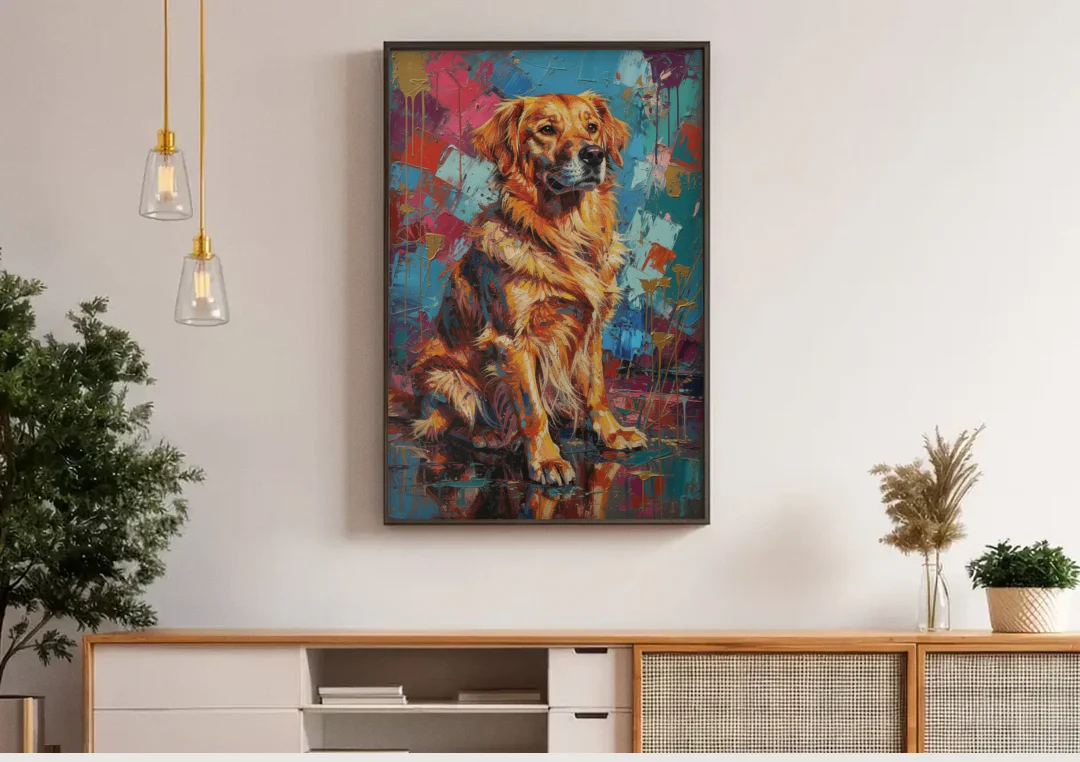 Golden Retriever in Magenta and Teal canvas wall art above a wooden sideboard under pendant lights