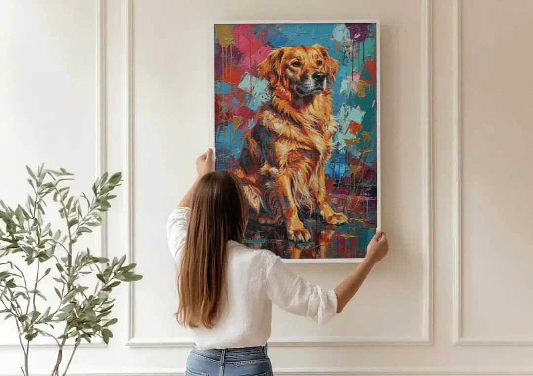 Golden Retriever in Magenta and Teal canvas wall art being hung on a paneled wall