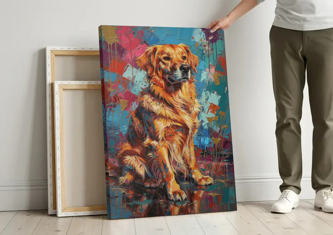 Golden Retriever in Magenta and Teal canvas wall art leaning against a wall next to blank canvases