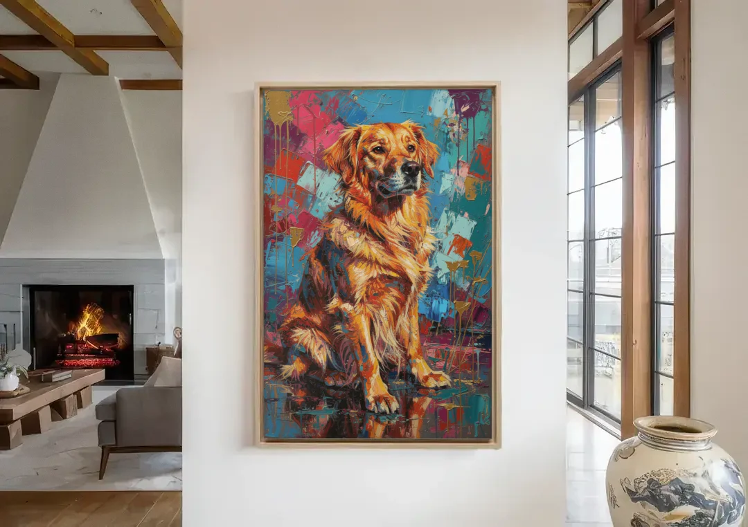 Golden Retriever in Magenta and Teal canvas wall art in a living room with a fireplace