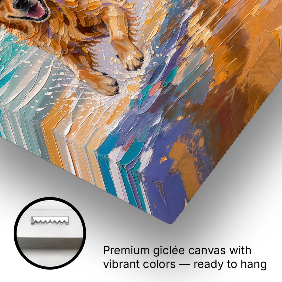 Golden Retriever in the Sunset Surf - Canvas Wall Art - Gallery Wrap Corner