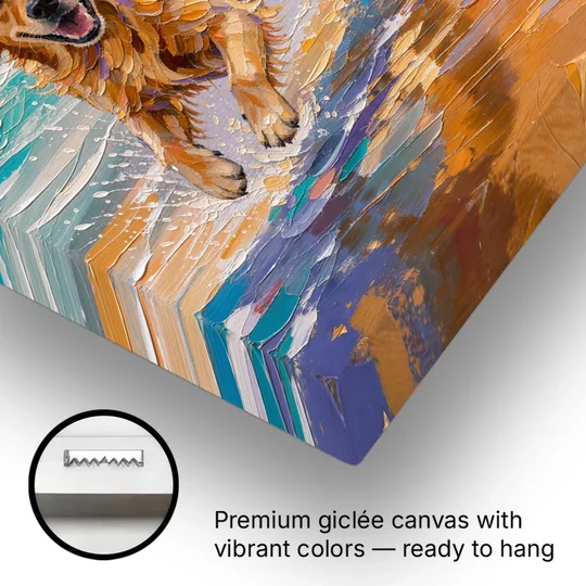 Golden Retriever in the Sunset Surf - Canvas Wall Art - Gallery Wrap Corner