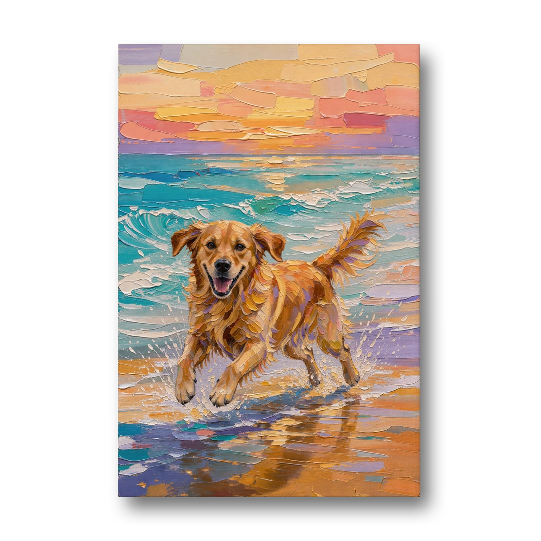 Golden Retriever in the Sunset Surf - Canvas Wall Art - Front