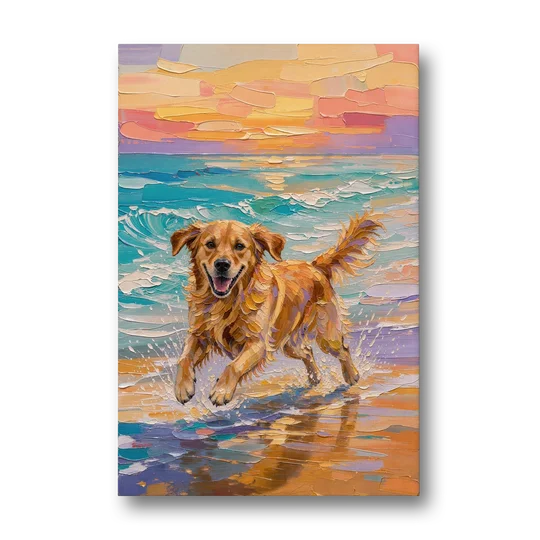 Golden Retriever in the Sunset Surf - Canvas Wall Art - Front