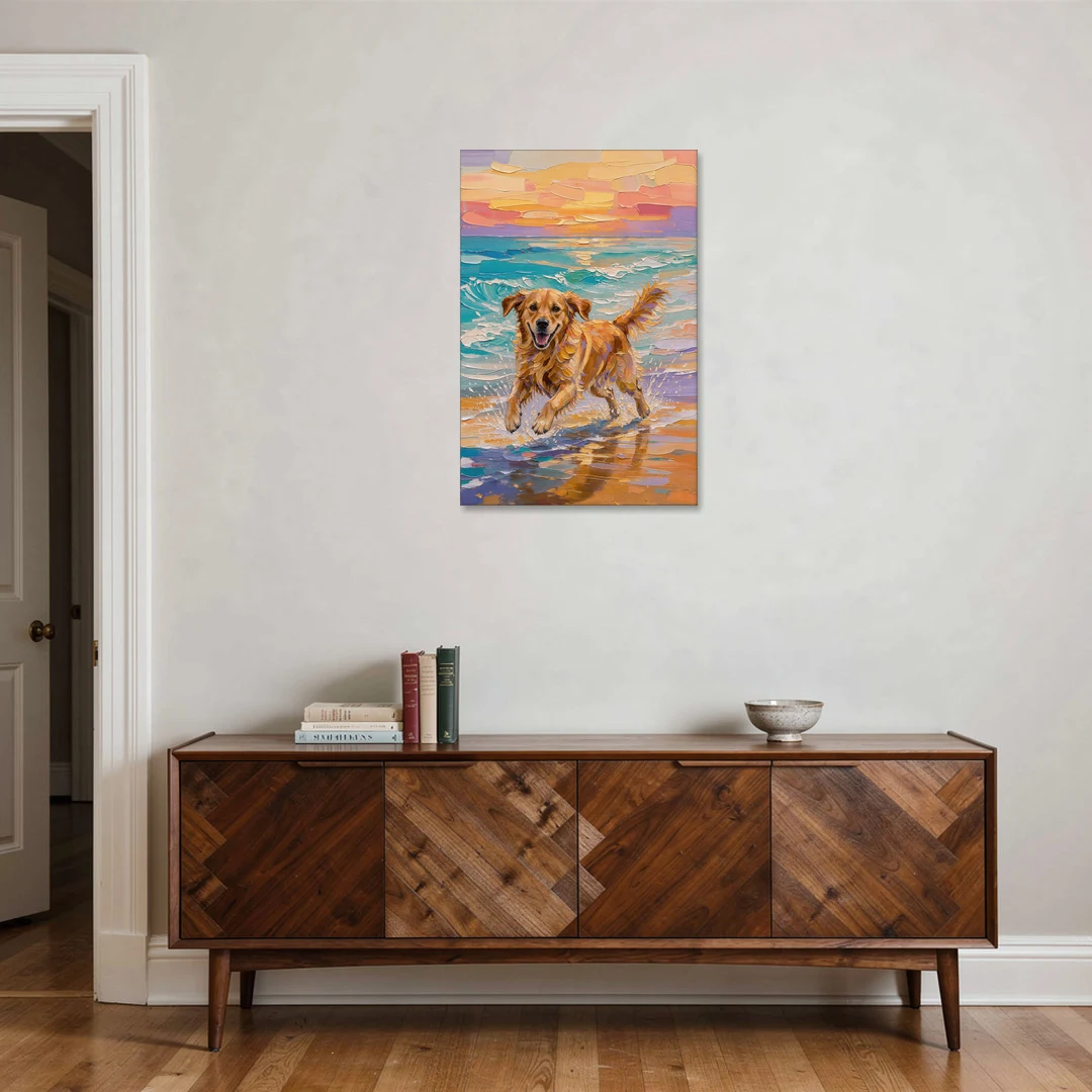 Golden Retriever in the Sunset Surf - Canvas Wall Art - Coffee Table - 24x36