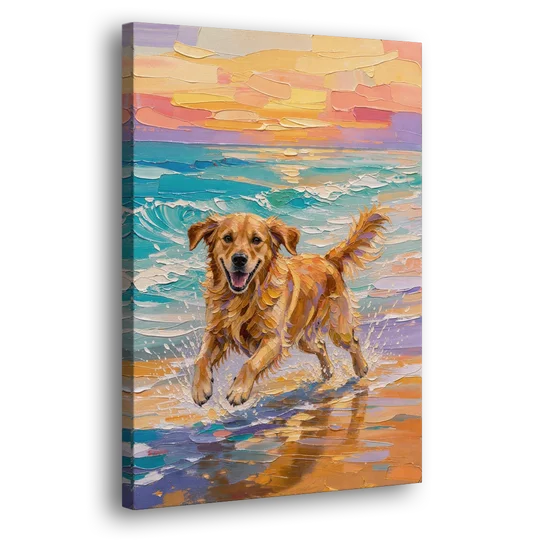 Golden Retriever in the Sunset Surf - Canvas Wall Art - Side