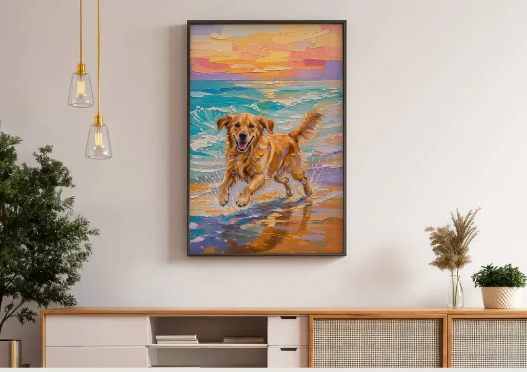Golden Retriever in the Sunset Surf canvas wall art above a wooden sideboard under pendant lights