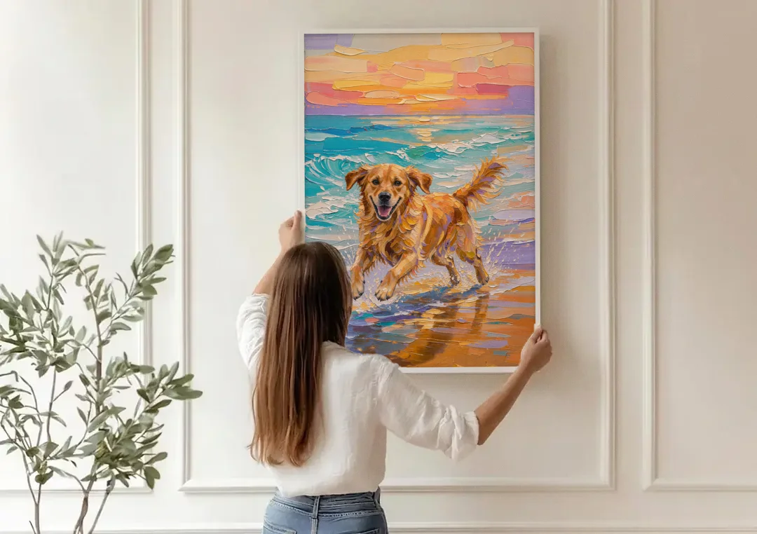 Golden Retriever in the Sunset Surf canvas wall art being hung on a paneled wall