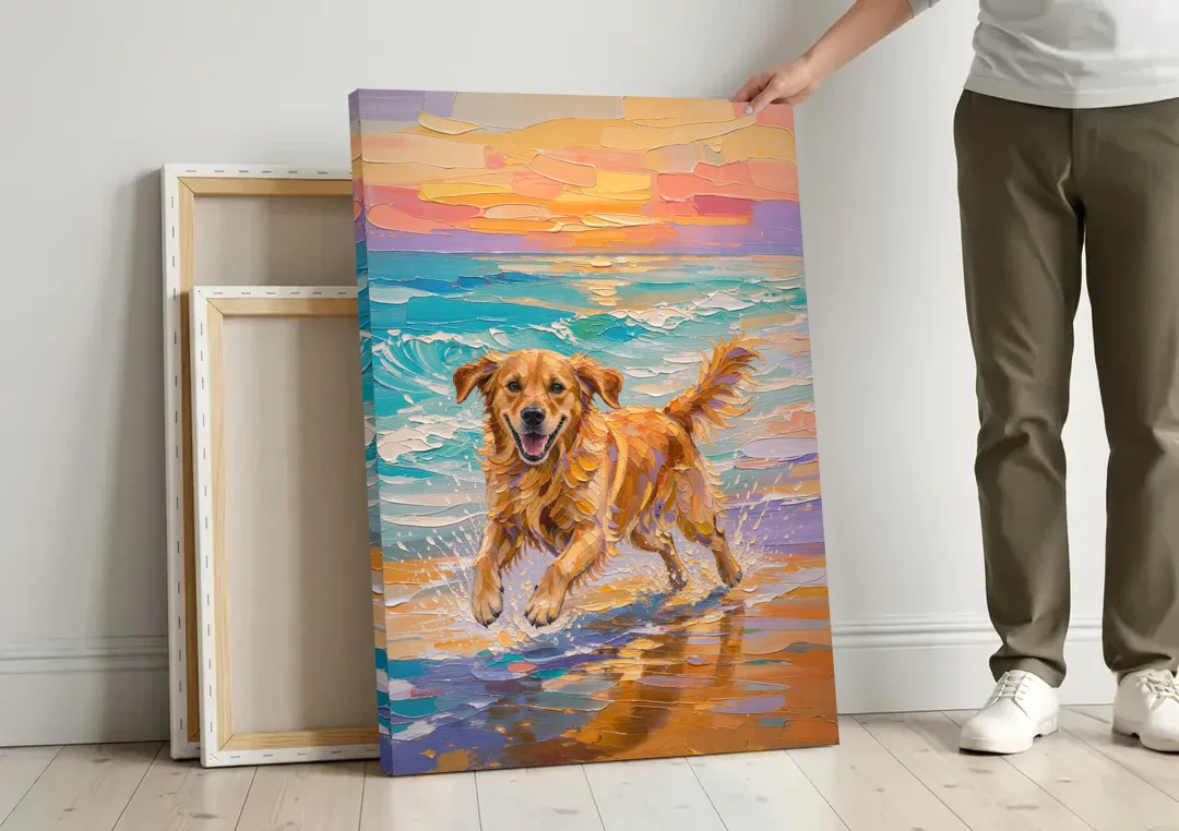 Golden Retriever in the Sunset Surf canvas wall art leaning against a wall next to blank canvases