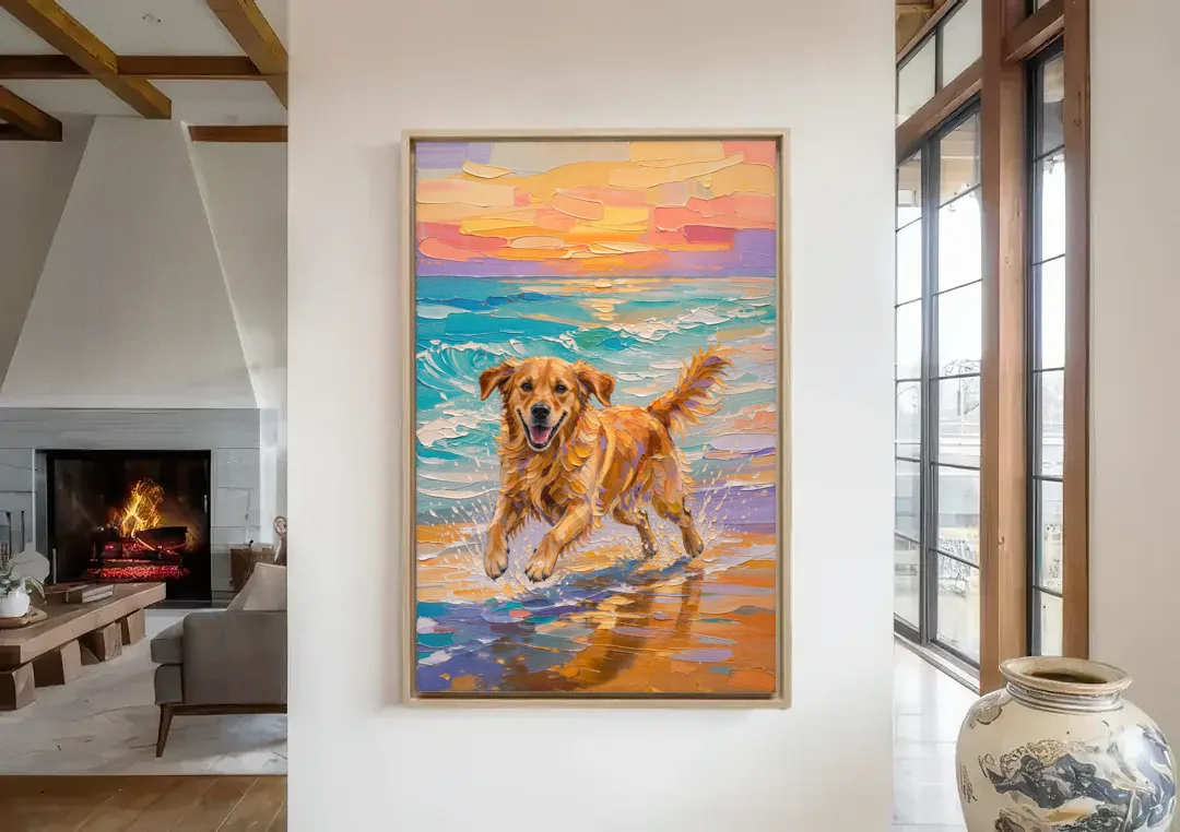 Golden Retriever in the Sunset Surf canvas wall art in a living room with a fireplace