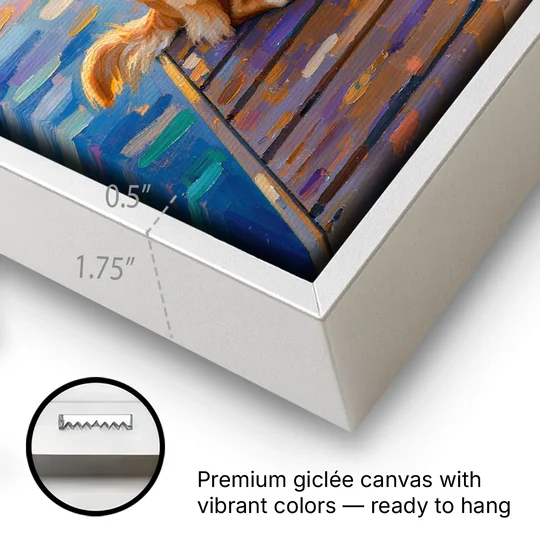 Golden Retriever on a Lake Dock at Sunset - White Framed Canvas Wall Art - Gallery Wrap Corner