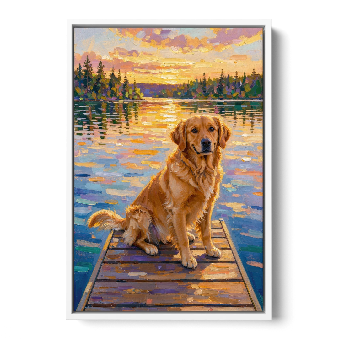 Golden Retriever on a Lake Dock at Sunset - White Framed Canvas Wall Art - Front