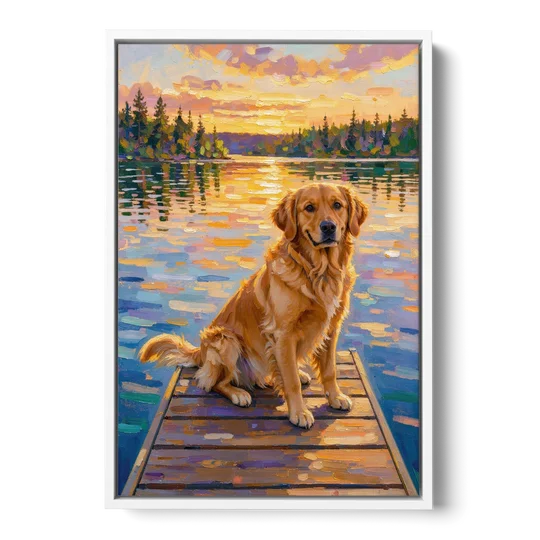 Golden Retriever on a Lake Dock at Sunset - White Framed Canvas Wall Art - Front