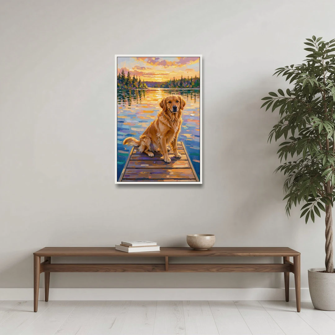 Golden Retriever on a Lake Dock at Sunset - White Framed Canvas Wall Art - Coffee Table - 24x36