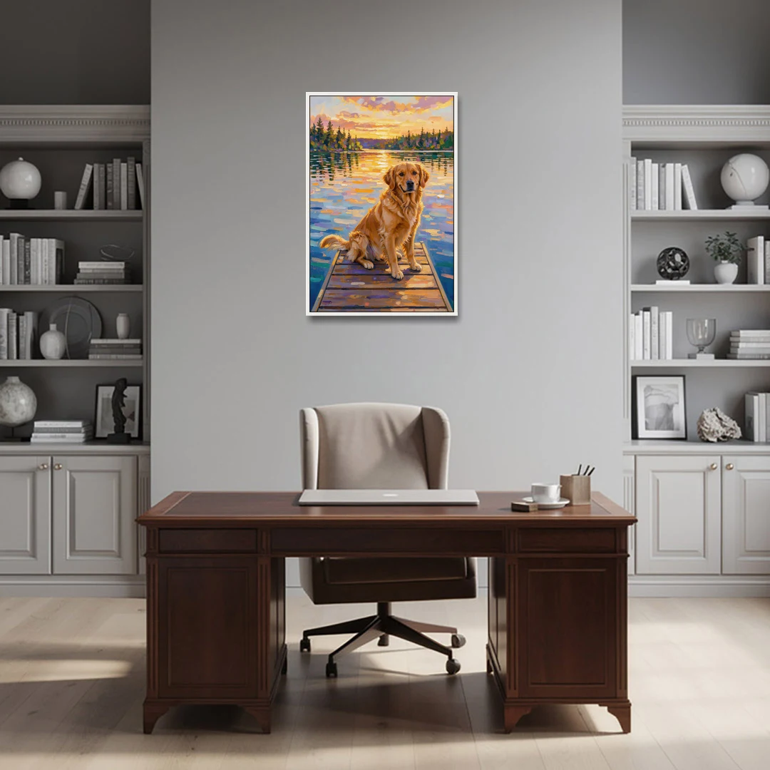 Golden Retriever on a Lake Dock at Sunset - White Framed Canvas Wall Art - Office - 24x36