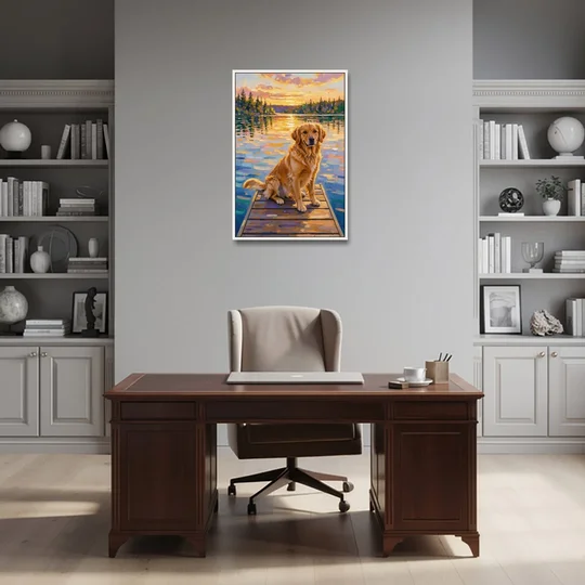 Golden Retriever on a Lake Dock at Sunset - White Framed Canvas Wall Art - Office - 24x36