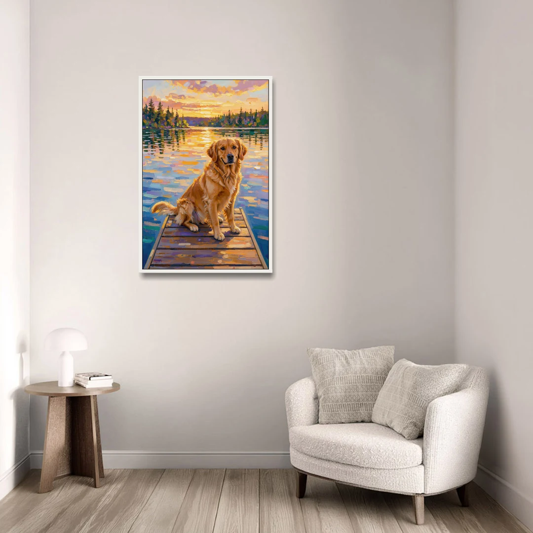 Golden Retriever on a Lake Dock at Sunset - White Framed Canvas Wall Art - Sofa - 24x36
