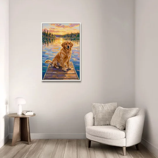 Golden Retriever on a Lake Dock at Sunset - White Framed Canvas Wall Art - Sofa - 24x36