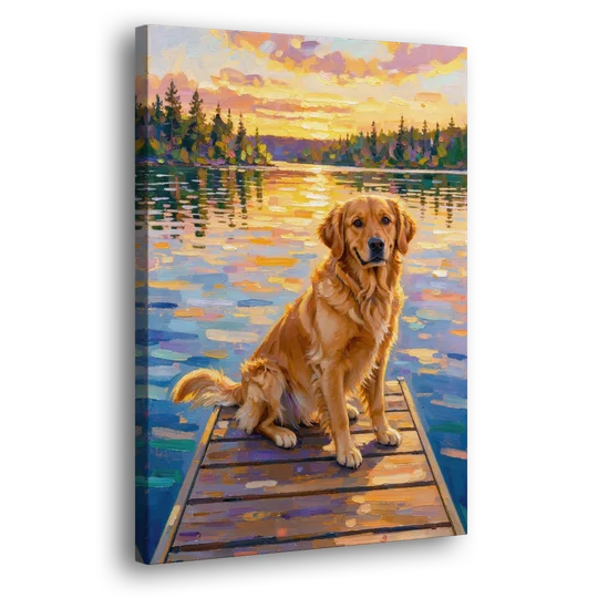 Golden Retriever on a Lake Dock at Sunset - Canvas Wall Art - Side