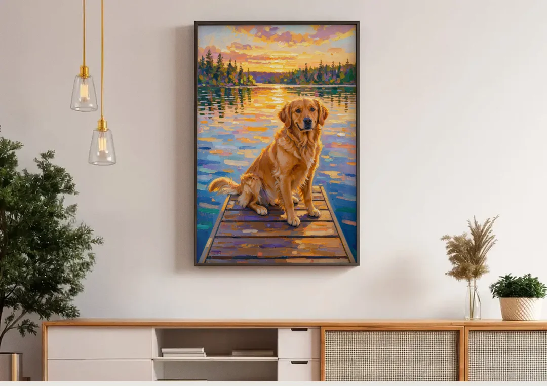 Golden Retriever on a Lake Dock at Sunset canvas wall art above a wooden sideboard under pendant lights