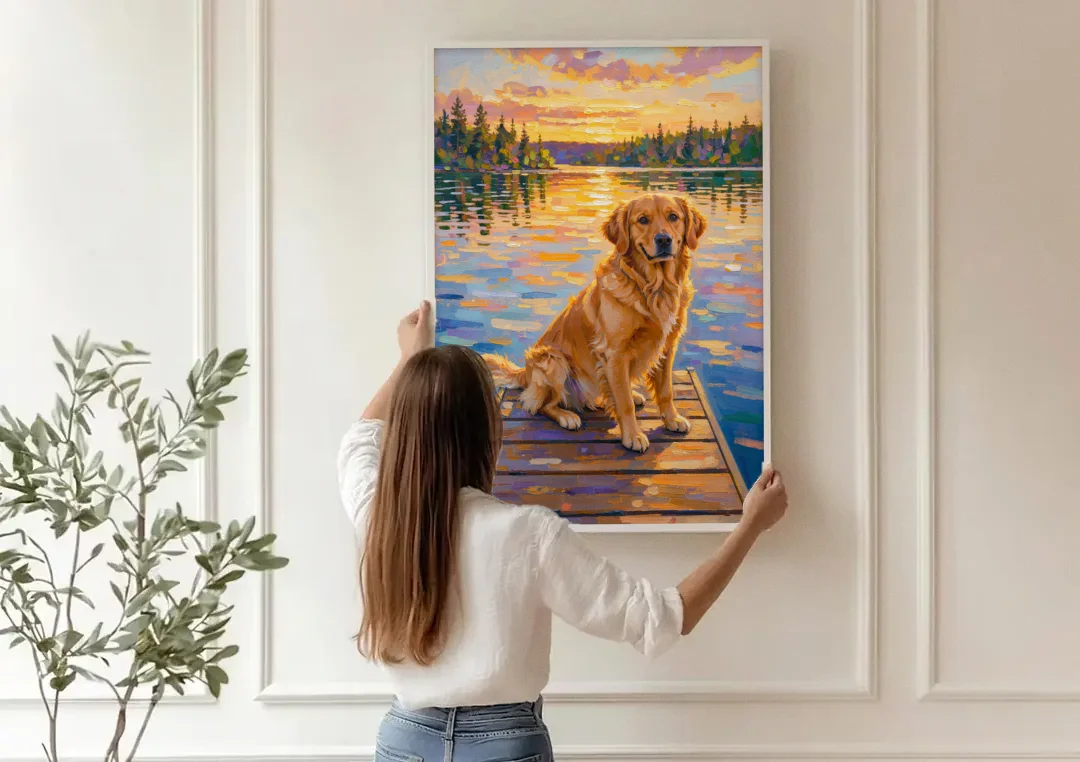 Golden Retriever on a Lake Dock at Sunset canvas wall art being hung on a paneled wall