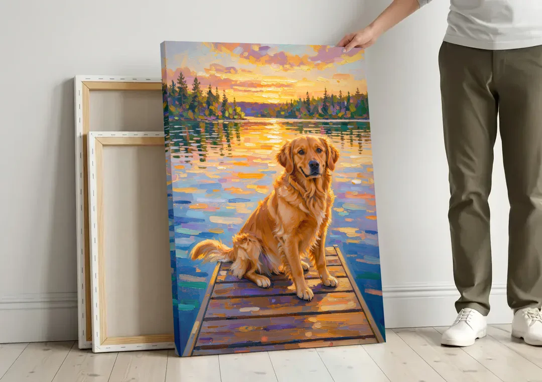 Golden Retriever on a Lake Dock at Sunset canvas wall art leaning against a wall next to blank canvases
