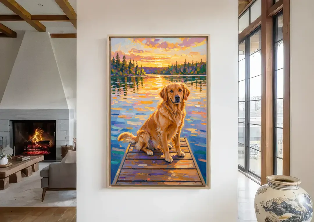 Golden Retriever on a Lake Dock at Sunset canvas wall art in a living room with a fireplace
