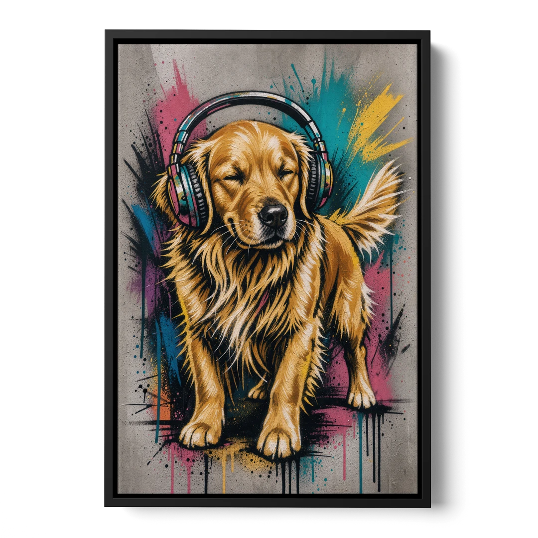 Golden Retriever with Headphones - Black Framed Canvas Wall Art - Front