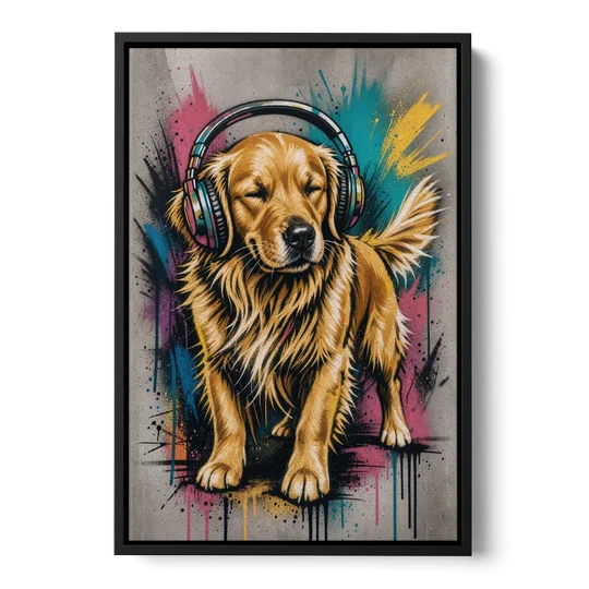 Golden Retriever with Headphones - Black Framed Canvas Wall Art - Front