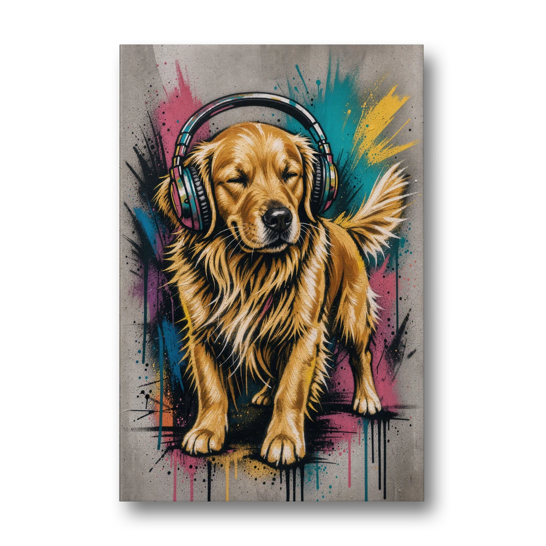 Golden Retriever with Headphones - Canvas Wall Art - Front