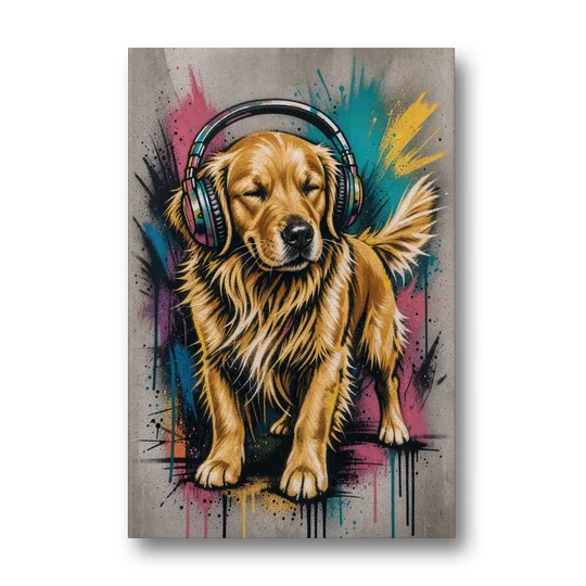 Golden Retriever with Headphones - Canvas Wall Art - Front