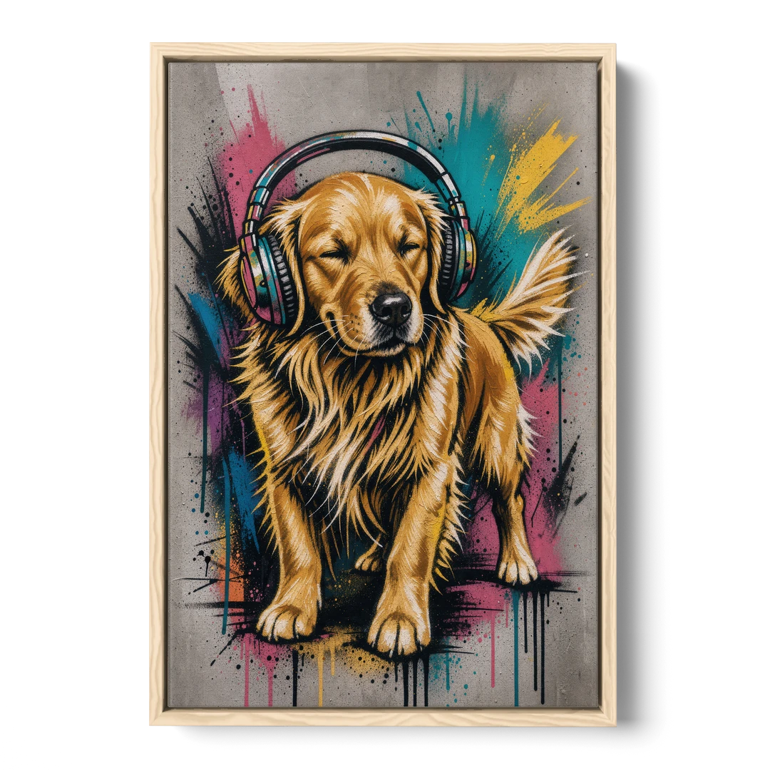 Golden Retriever with Headphones - Oak Framed Canvas Wall Art - Front