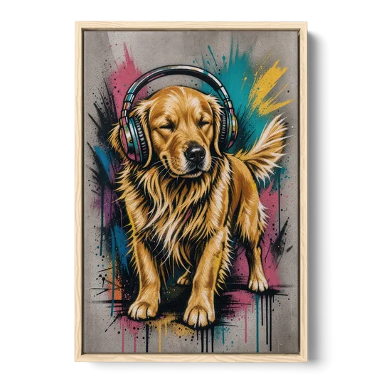 Golden Retriever with Headphones - Oak Framed Canvas Wall Art - Front