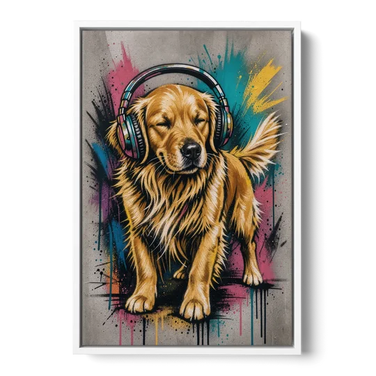 Golden Retriever with Headphones - White Framed Canvas Wall Art - Front