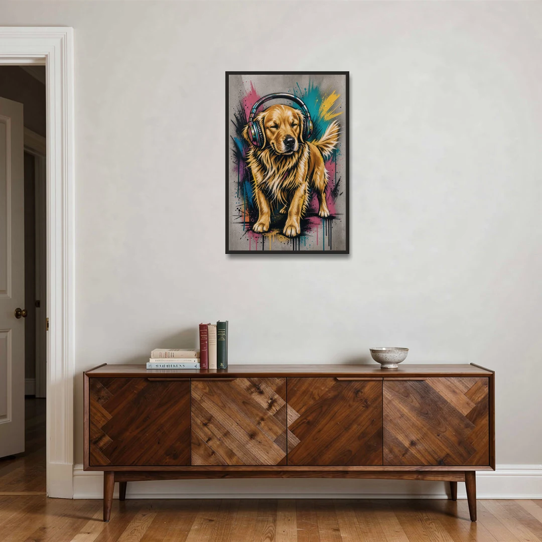 Golden Retriever with Headphones - Black Framed Canvas Wall Art - Coffee Table - 24x36