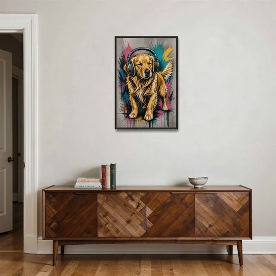 Golden Retriever with Headphones - Black Framed Canvas Wall Art - Coffee Table - 24x36