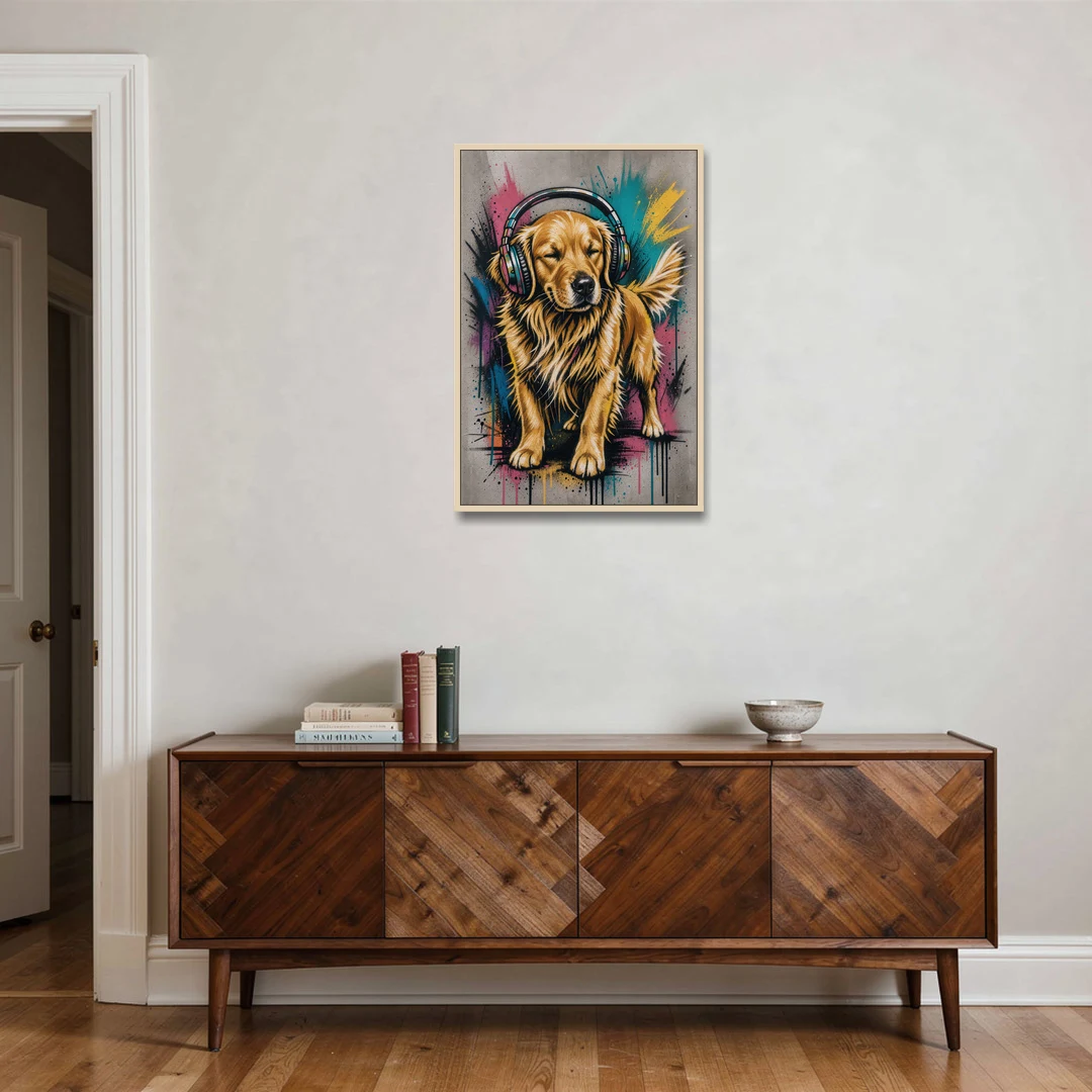 Golden Retriever with Headphones - Oak Framed Canvas Wall Art - Coffee Table - 24x36