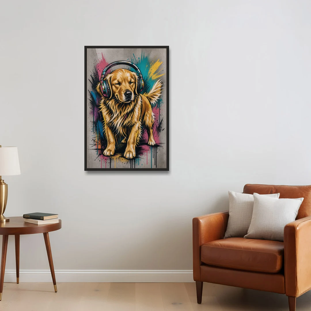 Golden Retriever with Headphones - Black Framed Canvas Wall Art - Sofa - 24x36