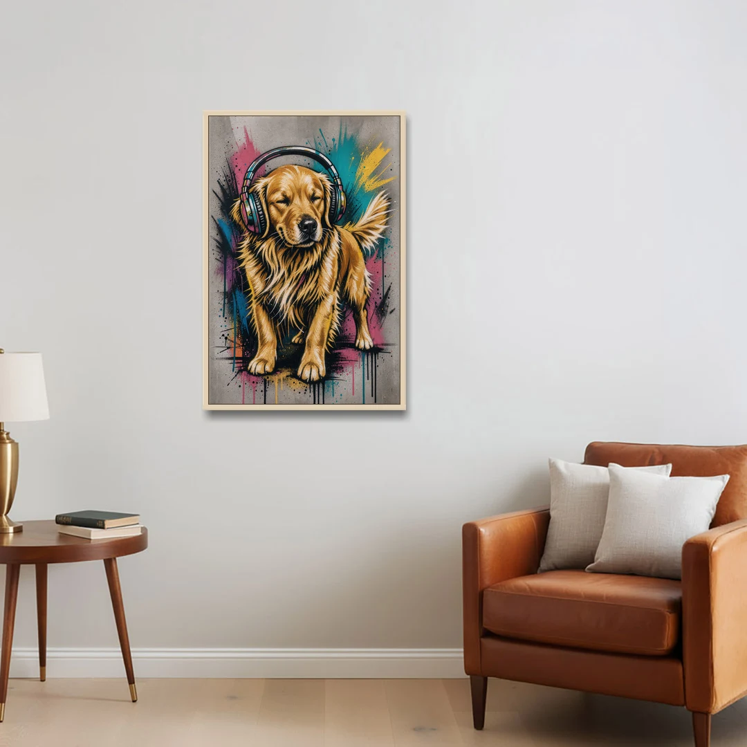 Golden Retriever with Headphones - Oak Framed Canvas Wall Art - Sofa - 24x36
