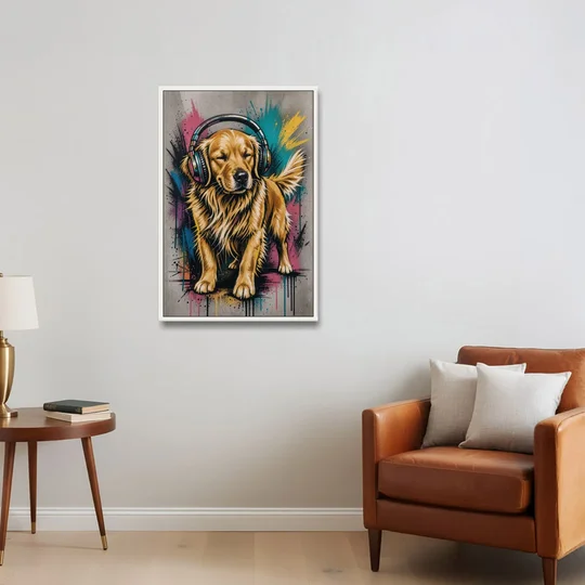 Golden Retriever with Headphones - White Framed Canvas Wall Art - Sofa - 24x36