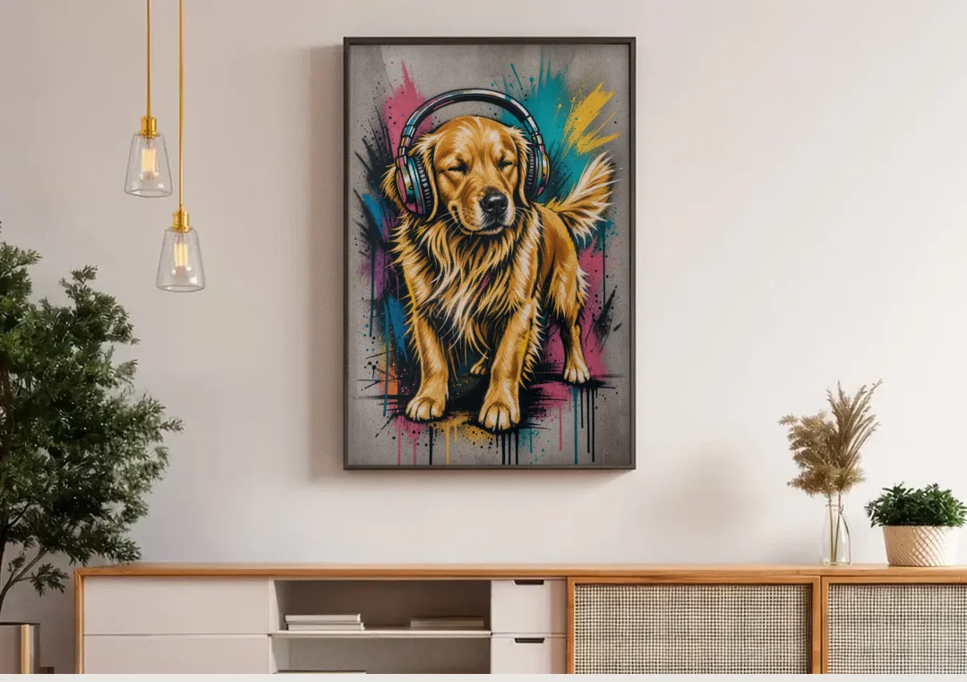 Golden Retriever with Headphones canvas wall art above a wooden sideboard under pendant lights