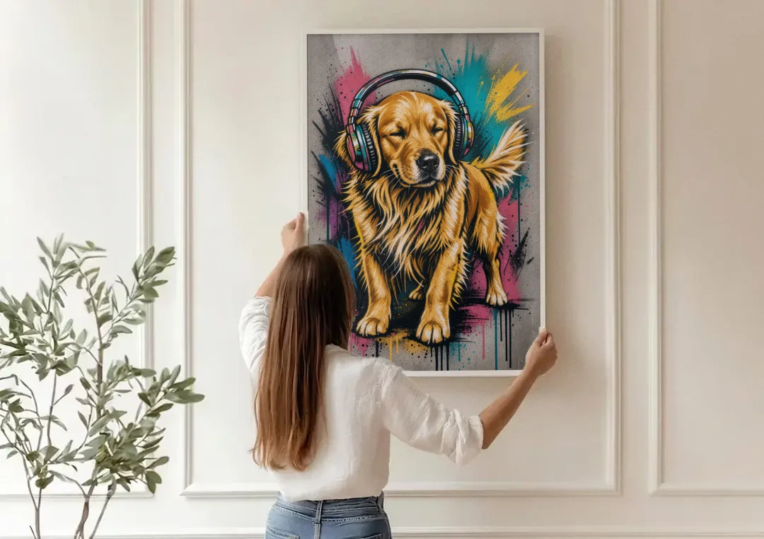 Golden Retriever with Headphones canvas wall art being hung on a paneled wall