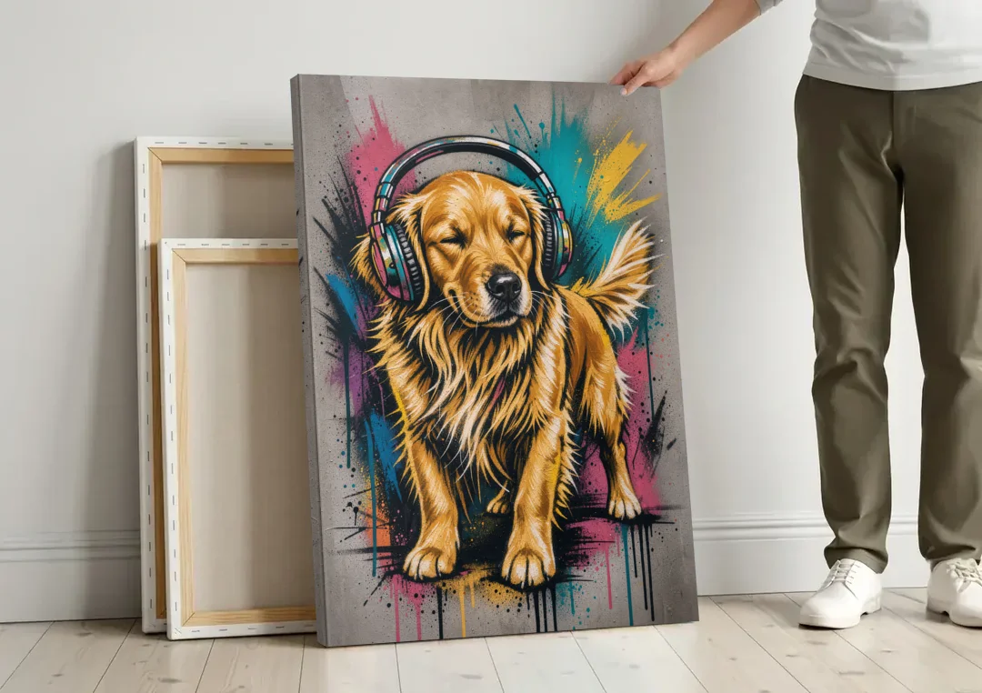 Golden Retriever with Headphones canvas wall art leaning against a wall next to blank canvases